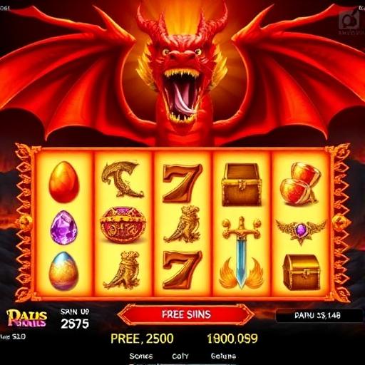 Dragon themed slot game with fire breathing dragon and treasure symbols